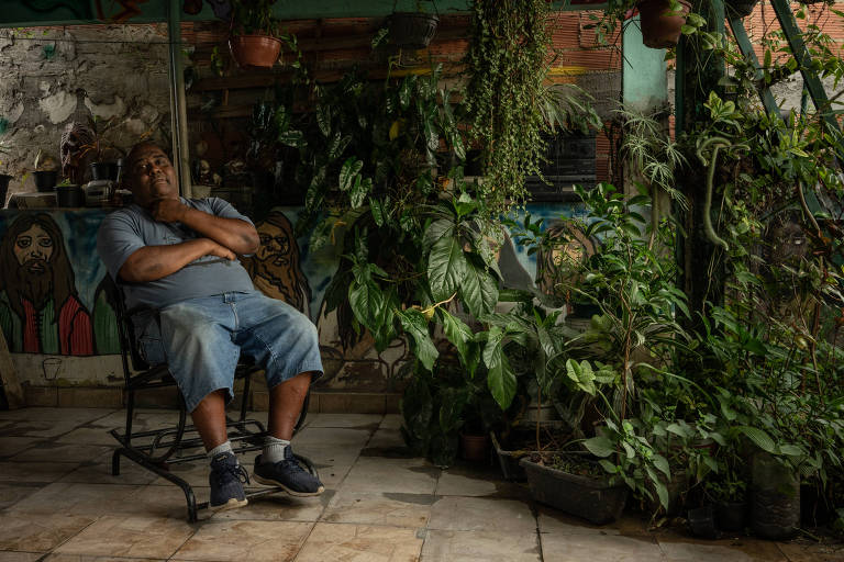 Homem sentado em frente à prateleira cheia de plantas 