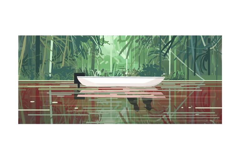 Barco branco com motor num rio de sangue no meio da floresta amazônica. O barco não tem ninguém, mas no reflexo do rio aparecem duas pessoas: o indigenista Bruno Pereira e o jornalista Dom Philips