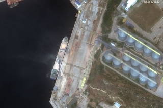 Satellite image shows a view of a ship loading grain, in Sevastopol