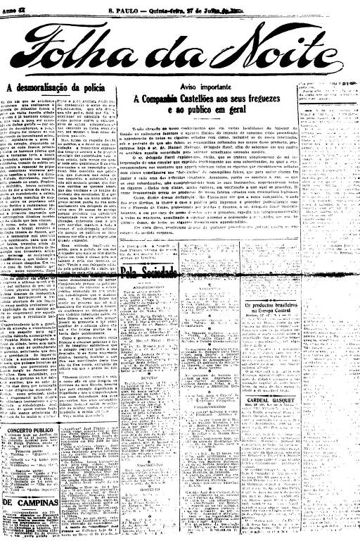 Primeira Página da Folha da Noite de 27 de julho de 1922