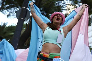 People attend the Trans March in Sao Paulo