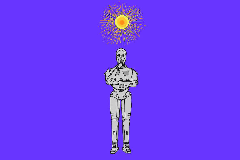 A ilustração de Annette Schwartsman, publicada na Folha de São Paulo no dia 19 de junho de 2022, mostra, sob um fundo roxo, um robô humanoide cinza; ele tem o braço esquerdo cruzado sobre o peito e direito, com o cotovelo apoiado sobre a mão oposta e a mão encostada no queixo, compondo uma expressão pensativa; acima de sua cabeça, paira uma bola luminosa e brilhante.