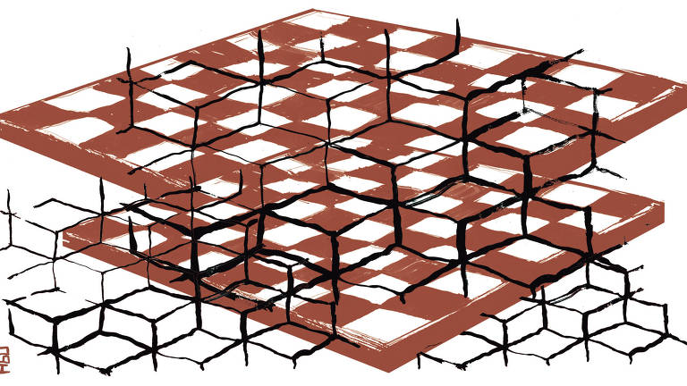 Dois tabuleiros de xadrez, em perspectiva, na cor vermelha são sobrepostos por uma trama do mesmo xadrez, em preto, só que com uma dimensão a mais, a altura, confundindo o olhar, bagunçando as dimensões