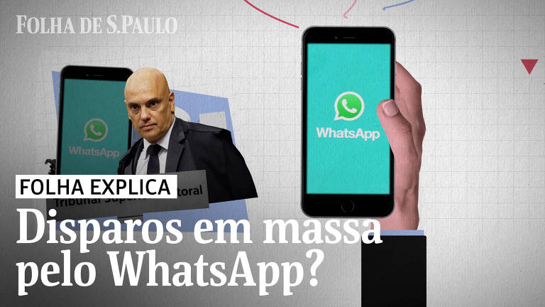 Ilustração mostra uma mão segurando um celular e uma imagem do ministro do STF Alexandre de Moraes