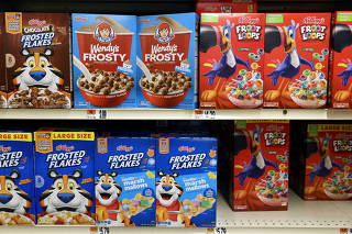 FILE PHOTO: Kellogg's cereals, owned by Kellogg Company, are seen for sale in a store in Queens, New York City