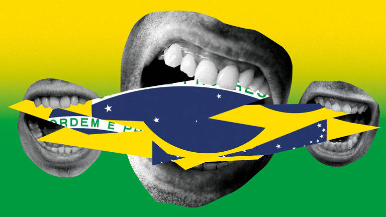 colagem de três bocas abertas em um fundo verde. as três bocas mostram os dentes e estão mordendo a bandeira brasileira fragmentada