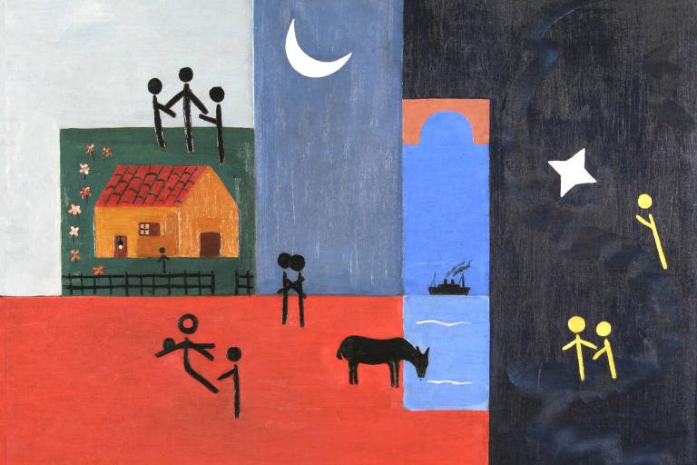 A pintura, abstrata e minimalista, apresenta uma casa à noite, rodeada por pequenos traços que remetem a figuras humanas e animais.