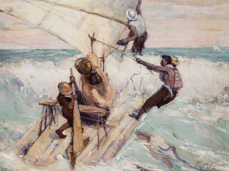 A pintura apresenta um mar revolto, com bastante espuma, onde uma jangada navega com aparente dificuldade. Existem quatro tripulantes no barco, que tentam ajeitar a sua vela