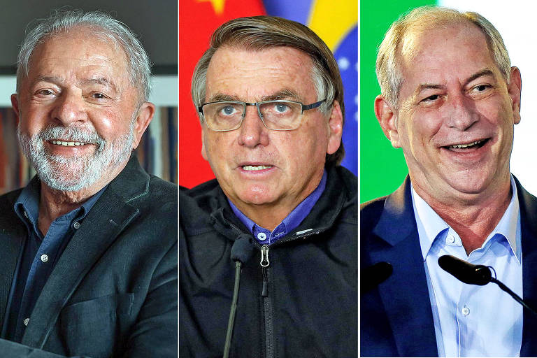 Na colagem de fotos, Lula, Bolsonaro e Ciro, candidatos a presidente em outubro
