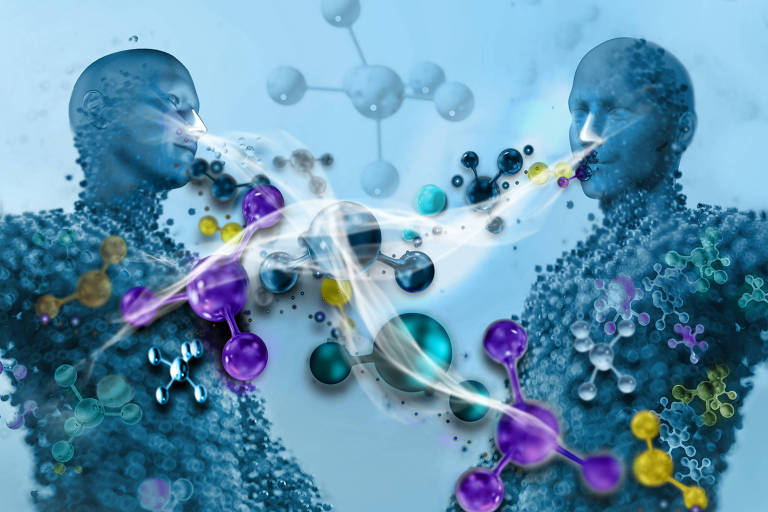 Ilustração mostra imagem de duas pessoas uma de frente para a outra e símbolos de moléculas