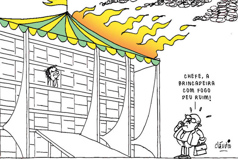 A charge mostra o presidente Jair Bolsonaro em uma janela na fachada do Palácio do Planalto. No teto da sede do governo vê-se uma lona de circo nas cores verde e amarela, pegando fogo. O ex-ministro da Educação, pastor Milton Ribeiro, ao pé da rampa, grita: - Chefe, a brincadeira com fogo deu ruim!