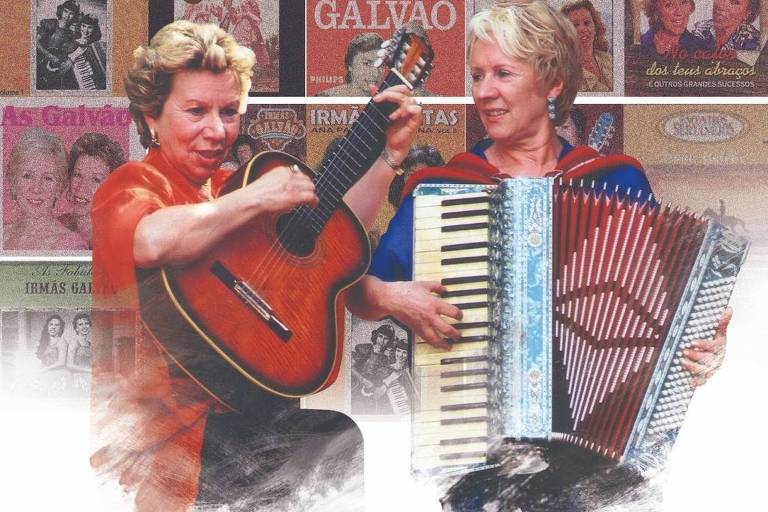 Em foto colorida, as Irmãs Galvão posam para a câmera tocando violão e sanfona