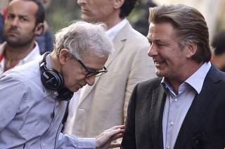 U.S. director Allen talks with Baldwin during the shooting of his next movie 