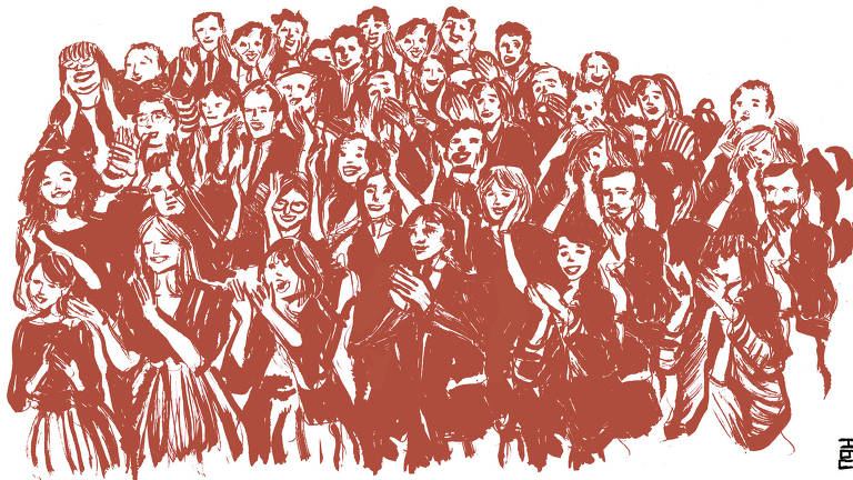 Grupo de pessoas heterogêneo em vermelho aplaudem de pé algo ou alguém que se encontra fora da cena