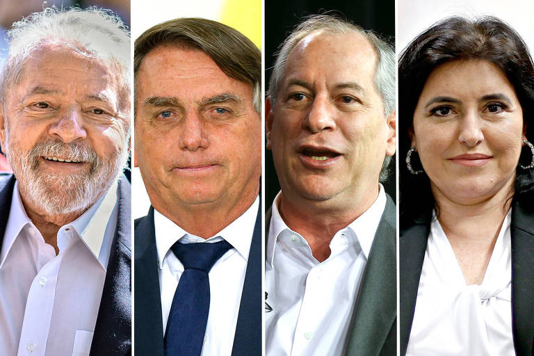 Restratos lado a lado de Lula, Jair Bolsonaro, Ciro Gomes, Simone Tebet