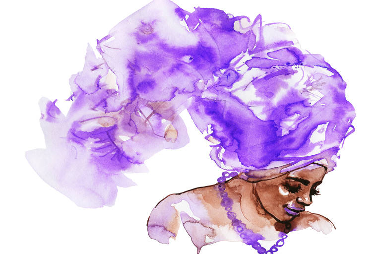Watercolor african woman with turban. Hand drawn portrait of lady on white background. Side view. Painting fashion colorful illustration.