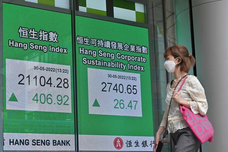 Mulher passa diante de painel que apresenta flutuação do índice Hang Seng, principal indicador da Bolsa de Hong Kong 