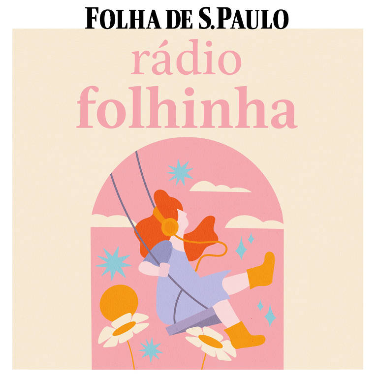 Capa da Rádio Folhinha - uma menina ruiva com vestido azul e usando um fone de ouvido se balança em imagem com fundo rosa