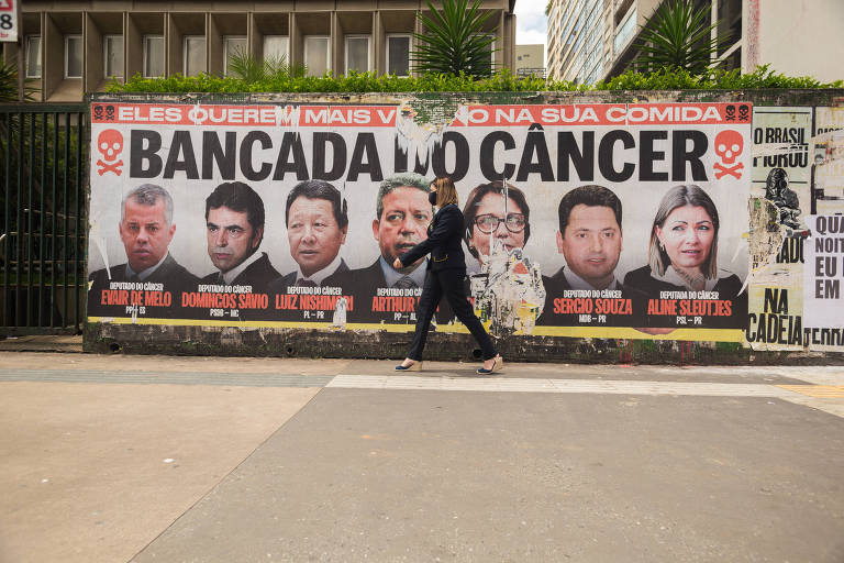 Cartazes colocados em protesto contra o chamado 'PL do veneno', que facilita registro de agrotóxicos no Brasil