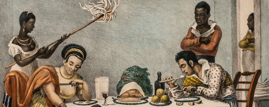 A litografia 'O Jantar', feita em 1839 por Jean-Baptiste Debret, que retrata o cotidiano escravista do Rio de Janeiro nas primeiras décadas do século XIX