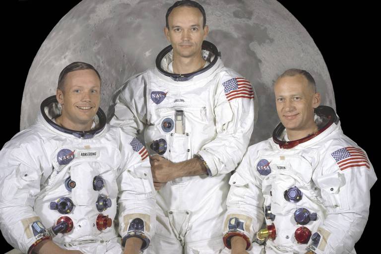 Os astronautas da missão Apollo 11: Neil Armstrong (à esq.), Michael Collins (centro) e Edwin "Buzz" Aldrin
