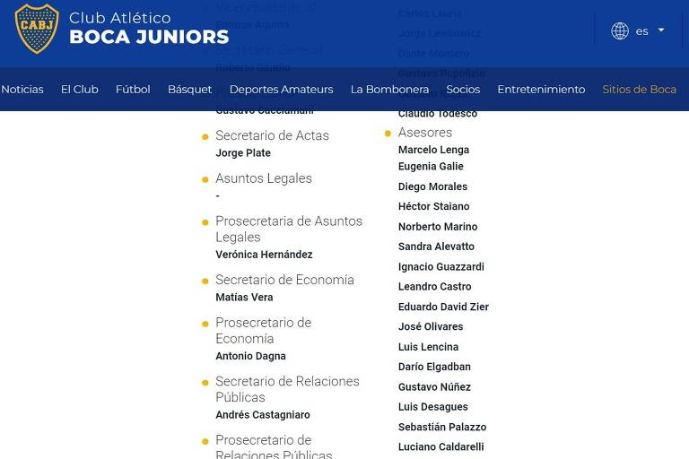 Página oficial do Boca Juniors na qual consta o nome de Sebastian Palazzo como conselheiro