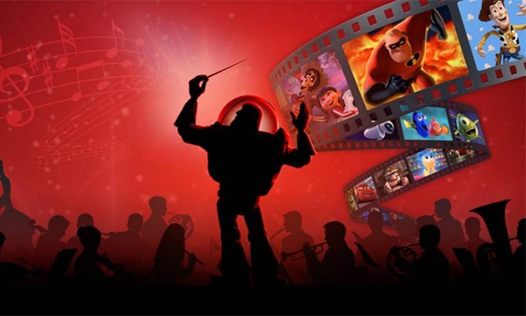 Imagem em vermelho com um personagem da Pixar regendo uma orquestra 