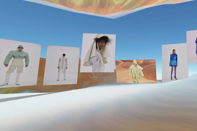 Imagem mostra fotografias de modelos com peças do estilista Lucas Leão; expostas no metaverso, as fotografias estão dispostas em um cenário semelhante a um deserto