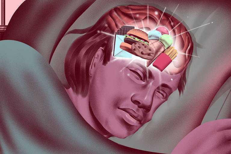 Ilustração mostra pessoa dormindo com imagens de sorvete, hambúrguer e outros alimentos processados na cabeça