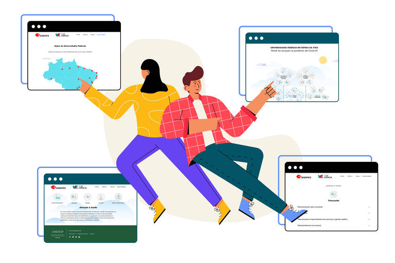 Ilustração com duas pessoas acessando um painel disponível em uma plataforma online com informações sobre a atuação das universidades federais na pandemia.