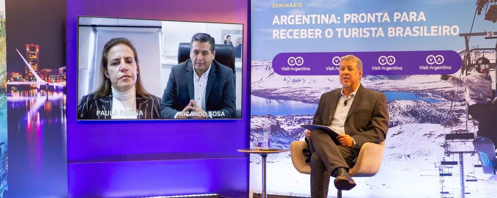 Jornalista Luiz Rivoiro entrevista Ricardo Sosa, secretário executivo do Inprotur, e Paula Fariña, guia especializada em destinos turísticos da Argentina