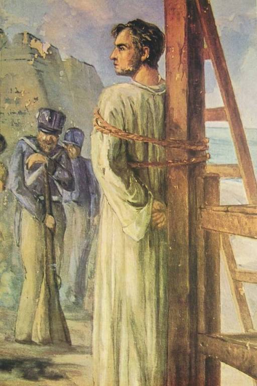 A pintura mostra um homem de bata branca amarrado a um poste de madeira, olhando para o lado. À sua frente, estão soldados armados.