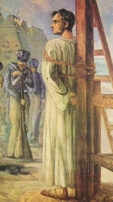 A pintura mostra um homem de bata branca amarrado a um poste de madeira, olhando para o lado. À sua frente, estão soldados armados.