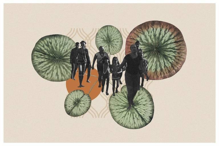obra de arte com fundo bege, ilustrações de pessoas em preto e alguns círculos em verde e laranja