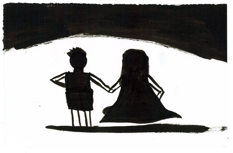 Ilustração feita com tinta preta sobre um papel branco mostra duas pessoas de mãos dadas