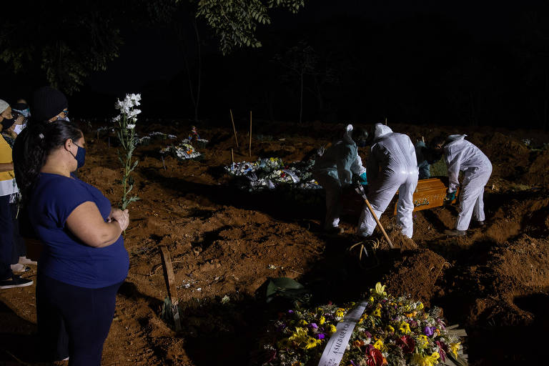 Sepultadores carregam caixão de vítima de Covid-19 em enterro noturno no Cemitério Vila Formosa, na zona leste da capital paulista