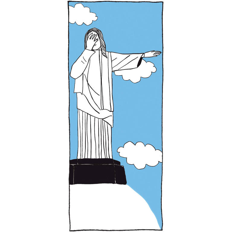 No desenho de Luiza Pannunzio a figura do Cristo Redentor parece envergonhado, com a mão direita cobrindo boa parte do rosto, sob o céu azul onde três pequenas nuvens brancas dividem o espaço com ele.