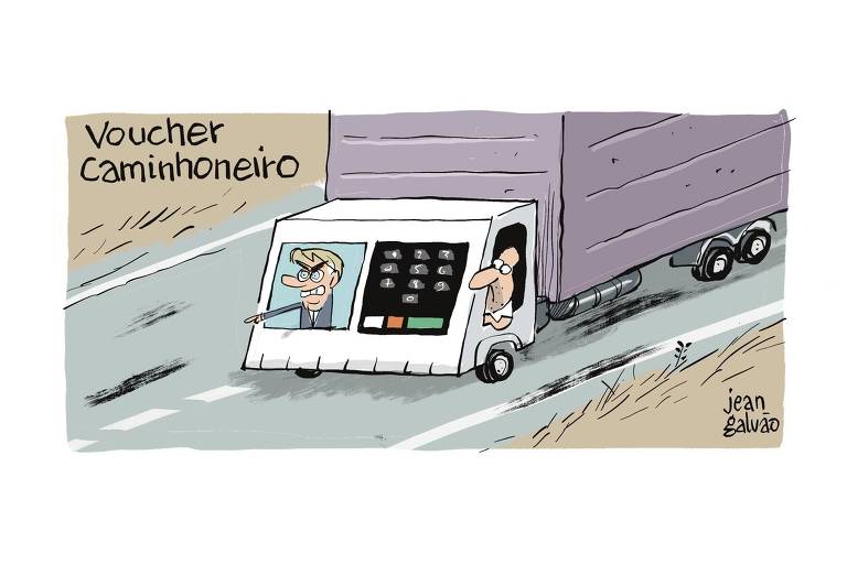 A charge de Jean Galvão publicada na Folha do dia 3 de julho de 2022 tem o título: Vaucher Caminhoneiro. Na cena aparece um caminhoneiro dirigindo seu caminhão, porém a boleia tem a forma de urna eletrônica, com o presidente Bolsonaro na tela apontando para a frente.