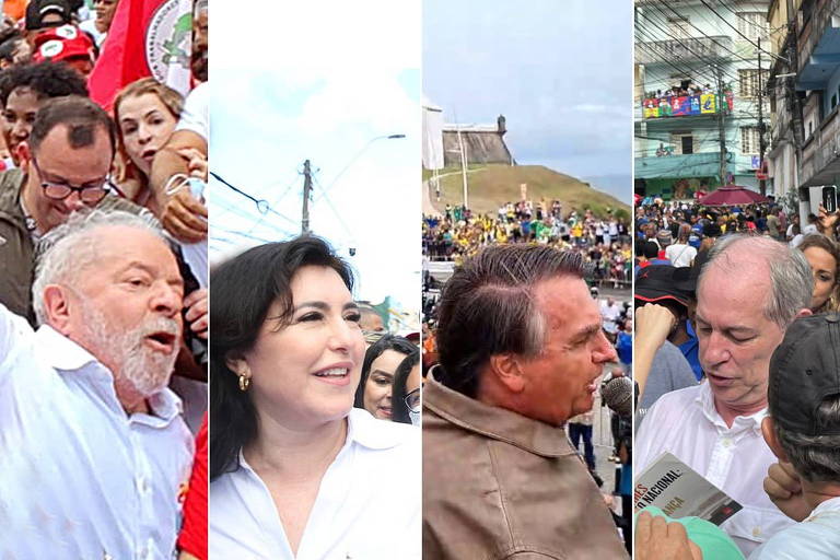 Quatro fotos lado a lado. Lula no meio de apoiadores, Simone Tebet sorrindo, Bolsonaro falando ao microfone com vários apoiadores ao fundo e Ciro Gomes no meio de apoiadores