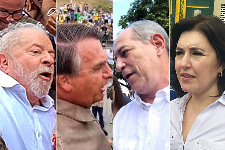 Lado a lado, quatro fotos com os retratos de Lula, Bolsonaro, Ciro e Tebet