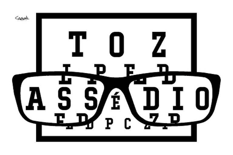 Ilustração de Carvall em traços pretos mostra um óculos em primeiro plano, com um teste de visão, com letras, ao fundo