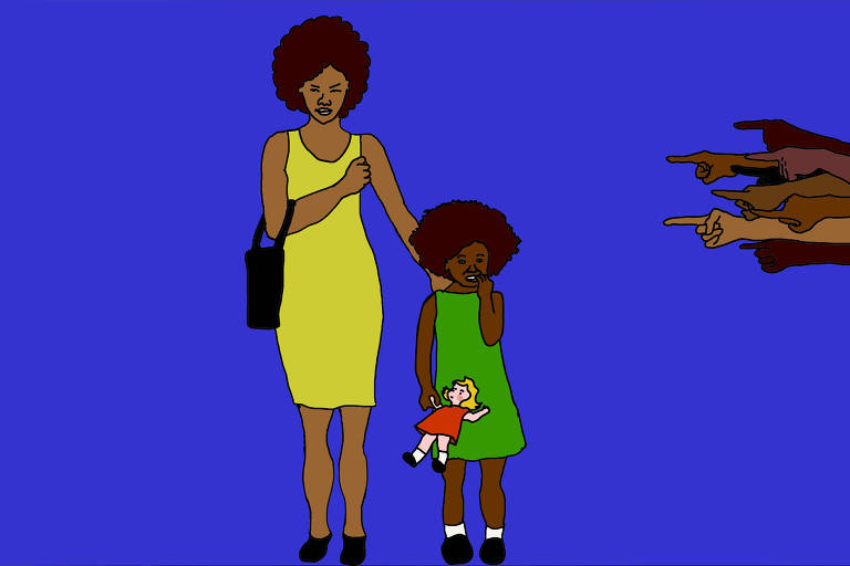 A ilustração de Annette Schwartsman, publicada na Folha de São Paulo no dia 3 de julho de 2022, mostra, sob fundo azul escuro, uma cena que tem, ao centro, uma mulher e uma menina negras; a menina, provavelmente a filha, usa vestido verde, meias brancas e sapatos pretos; ela segura uma boneca branca e loira na mão direita enquanto roe as unhas da mão esquerda, o rosto exprimindo medo e tensão; a mãe, ao seu lado, usa vestido amarelo, bolsa e sapatos pretos; sua expressão é tensa, com a mão direita fechada em punho sobre o peito e a esquerda acarinhando as costas da criança; do lado esquerdo da cena, várias mãos negras apontam os dedos para as duas.