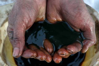 FILE PHOTO: An employee holds a sample of crude oil at the Irkutsk Oil Co-owned Yarakta field in the Irkutsk region