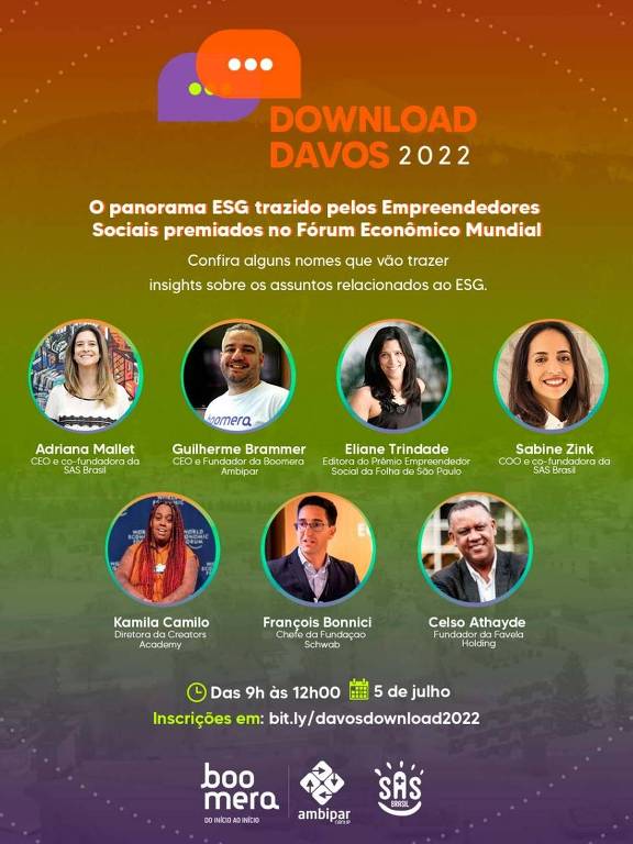 Cartaz colorido mostra as fotos e descreve os cargos de cada um dos participantes do evento Download Davos 2022