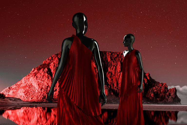 Em fundo futurístico vermelho, dois manequins pretos aparecem vestindo longos vestidos vermelhos digitais.