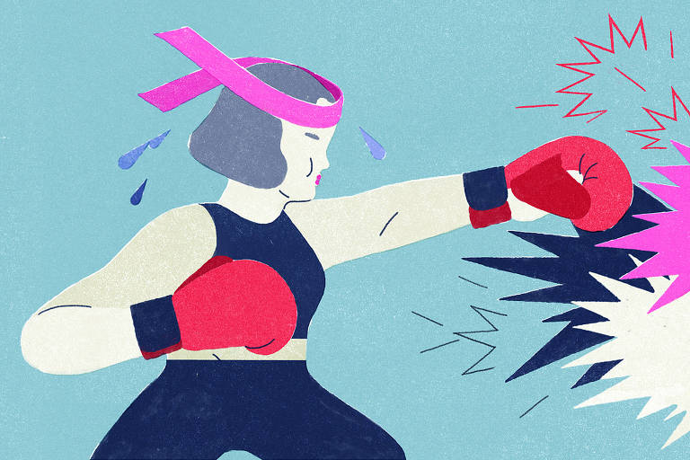 Ilustração de uma mulher com luvas de boxe fazendo o movimento de um soco