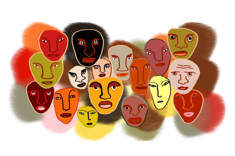 Ilustração mostra diversos rostos sobrepostos de cores variadas: amarelo, marrom, vermelho, preto bege... As expressões são iguais: sérias, olhando para frente.
