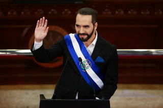 El Salvador's President Nayib Bukele delivers a speech to the country to mark his third year in office, in San Salvador