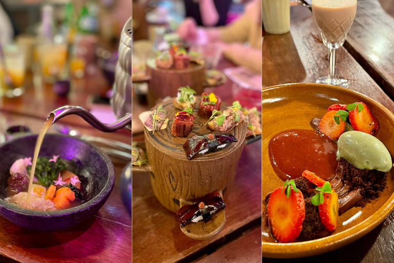 A foto mostra um prato com vegetais sendo cobertos por um caldo, um tronco com petiscos e uma cerâmica com morangos e sorvete
