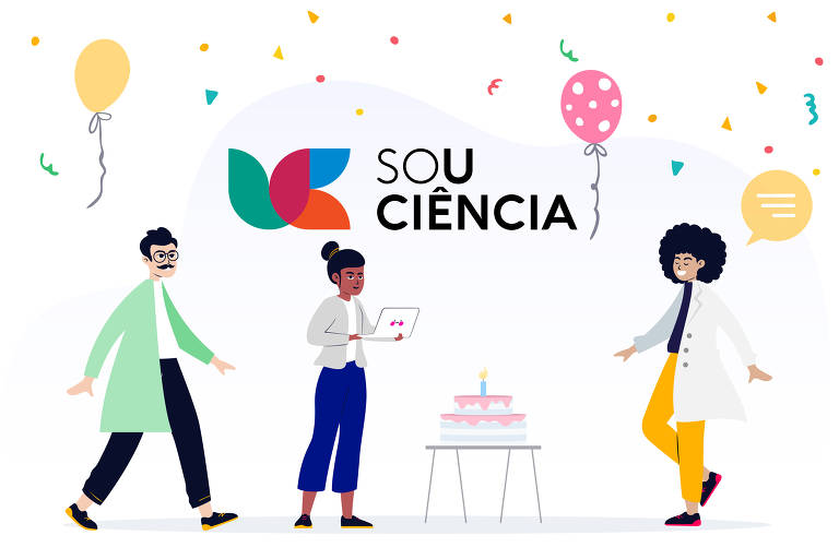 Ilustração mostra 3 pessoas vestindo jalecos, indicando cientistas e pesquisadores, em clima de comemoração com bolo e bexigas. Imagem ilustra ao aniversário de um ano do Centro SoU_Ciência.
